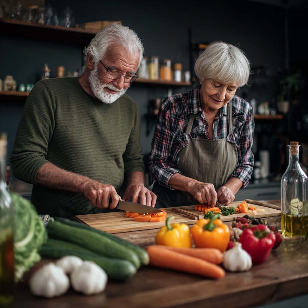 Middle-aged adults preparing nutritious meals with anti-parasitic foods